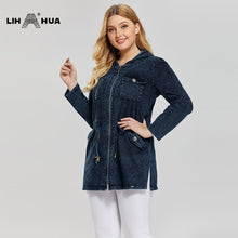 Load image into Gallery viewer, LIH HUA Women's Plus Size Casual Long Style Denim Jacket Premium Stretch Knitted Denim with shoulder pads and hat