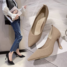 Load image into Gallery viewer, Fashion Black High Heels 2019 New Shallow Mouth Women's Shoes Professional Work Shoes Pointed Toe Stiletto Knitted Single Shoes