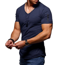 Load image into Gallery viewer, 2020 new men's V-neck T-shirt fitness bodybuilding T-shirt high street summer short-sleeved zipper casual cotton top