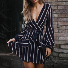 Load image into Gallery viewer, KANCOOLD Dress Women's Fashion Lantern Sleeve Casual Striped V-Neck Dress Casual Ruffle Mini Party Dress women 2018AUG9