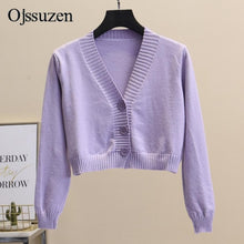 Load image into Gallery viewer, Femmes recadrée Cardigan chandails femme avec bouton noir blanc court pull col en V à manches longues pull femmes tricoté Cardigan