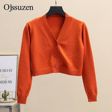 Load image into Gallery viewer, Femmes recadrée Cardigan chandails femme avec bouton noir blanc court pull col en V à manches longues pull femmes tricoté Cardigan