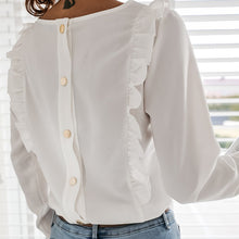 Load image into Gallery viewer, Women Ruffles White Back Buttons OL Blouse O-Neck Long Sleeve Solid Tops Female 2020 Spring Autumn Fashion Casual Blouses Ladies