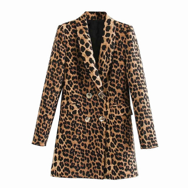 KPYTOMOA Women 2020 Vintage Fashion Double Breasted Leopard Blazer Coat Long Sleeve Animal Pattern Female Outerwear Chic Tops