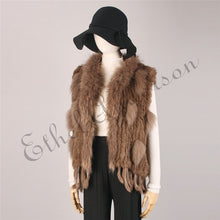 Load image into Gallery viewer, Natural Rabbit Fur Vest With Raccoon Fur Collar Party Waistcoat jackets knitted Gilets women wool vest colete de pele de coelho
