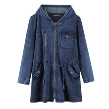 Load image into Gallery viewer, LIH HUA Women&#39;s Plus Size Casual Long Style Denim Jacket Premium Stretch Knitted Denim with shoulder pads and hat

