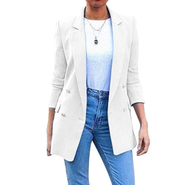 2020 New Womens Casual Slim Blazer Fashion Office Ladies Coats Mid-long Suit Jacket Solid Buttons Female Outerwear Long Sleeve