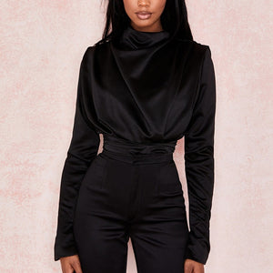 NewAsia Garden Elegant Bodysuit Women High Neck Long Sleeve Sexy Jumpsuit Gloss Ladies Casual Tops Black Jumpsuits Body Mujer