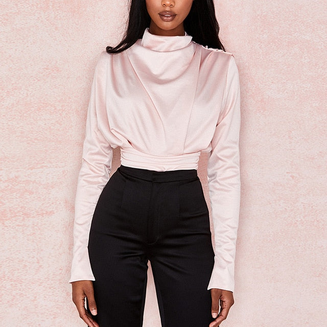 NewAsia Garden Elegant Bodysuit Women High Neck Long Sleeve Sexy Jumpsuit Gloss Ladies Casual Tops Black Jumpsuits Body Mujer