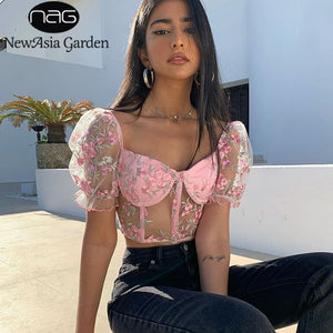NewAsia Embroidery Mesh Sexy Corset Tops Puff Sleeve See Through Blouse Women Floral Crop Top Summer Hollow Out Cropped Bustier