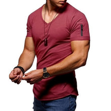 Load image into Gallery viewer, 2020 new men&#39;s V-neck T-shirt fitness bodybuilding T-shirt high street summer short-sleeved zipper casual cotton top
