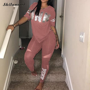 Casual 2 Piece Sets Women'S Pink Tracksuits Set Letter Print Plus Size Sweatsuit 3xl Top Ans Skinny Pants Two Piece Sportsuits