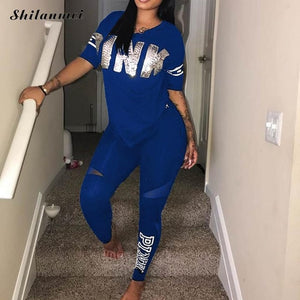 Casual 2 Piece Sets Women'S Pink Tracksuits Set Letter Print Plus Size Sweatsuit 3xl Top Ans Skinny Pants Two Piece Sportsuits