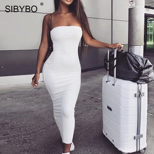 Sibybo fora do ombro strapless sexy vestido feminino sem mangas em linha reta longo bodycon vestido sem costas casual vestido de festa de verão