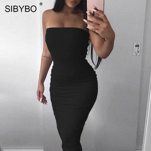 Sibybo fora do ombro strapless sexy vestido feminino sem mangas em linha reta longo bodycon vestido sem costas casual vestido de festa de verão