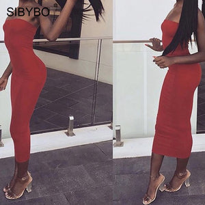 Sibybo fora do ombro strapless sexy vestido feminino sem mangas em linha reta longo bodycon vestido sem costas casual vestido de festa de verão