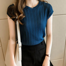 Load image into Gallery viewer, 2020 Summer Ice Silk Knitted Tops Short Sleeve Solid Bright Office Lady Work Causal Silk Shirts Korean Japan Slim Knitwear
