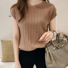 Load image into Gallery viewer, 2020 Summer Ice Silk Knitted Tops Short Sleeve Solid Bright Office Lady Work Causal Silk Shirts Korean Japan Slim Knitwear

