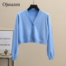 Load image into Gallery viewer, Femmes recadrée Cardigan chandails femme avec bouton noir blanc court pull col en V à manches longues pull femmes tricoté Cardigan
