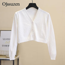 Load image into Gallery viewer, Femmes recadrée Cardigan chandails femme avec bouton noir blanc court pull col en V à manches longues pull femmes tricoté Cardigan
