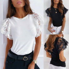 Load image into Gallery viewer, Mesh O-neck Patchwork Blouses Women 2020 Summer Office Lady Tops Woman Black White Solid Lace Petal Short Sleeve Female Blouse
