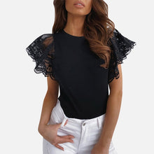 Load image into Gallery viewer, Mesh O-neck Patchwork Blouses Women 2020 Summer Office Lady Tops Woman Black White Solid Lace Petal Short Sleeve Female Blouse
