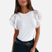 Load image into Gallery viewer, Mesh O-neck Patchwork Blouses Women 2020 Summer Office Lady Tops Woman Black White Solid Lace Petal Short Sleeve Female Blouse
