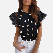 Load image into Gallery viewer, Mesh O-neck Patchwork Blouses Women 2020 Summer Office Lady Tops Woman Black White Solid Lace Petal Short Sleeve Female Blouse
