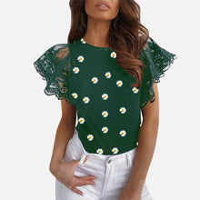 Load image into Gallery viewer, Mesh O-neck Patchwork Blouses Women 2020 Summer Office Lady Tops Woman Black White Solid Lace Petal Short Sleeve Female Blouse
