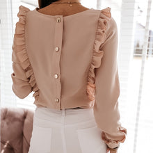 Load image into Gallery viewer, Women Ruffles White Back Buttons OL Blouse O-Neck Long Sleeve Solid Tops Female 2020 Spring Autumn Fashion Casual Blouses Ladies
