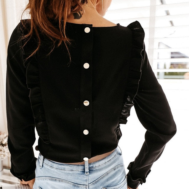 Women Ruffles White Back Buttons OL Blouse O-Neck Long Sleeve Solid Tops Female 2020 Spring Autumn Fashion Casual Blouses Ladies